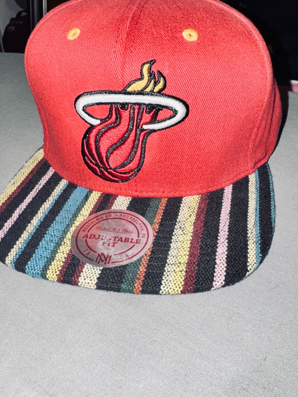Mitchell & Ness Red and Black Snapback with Multicolor Brim Detail